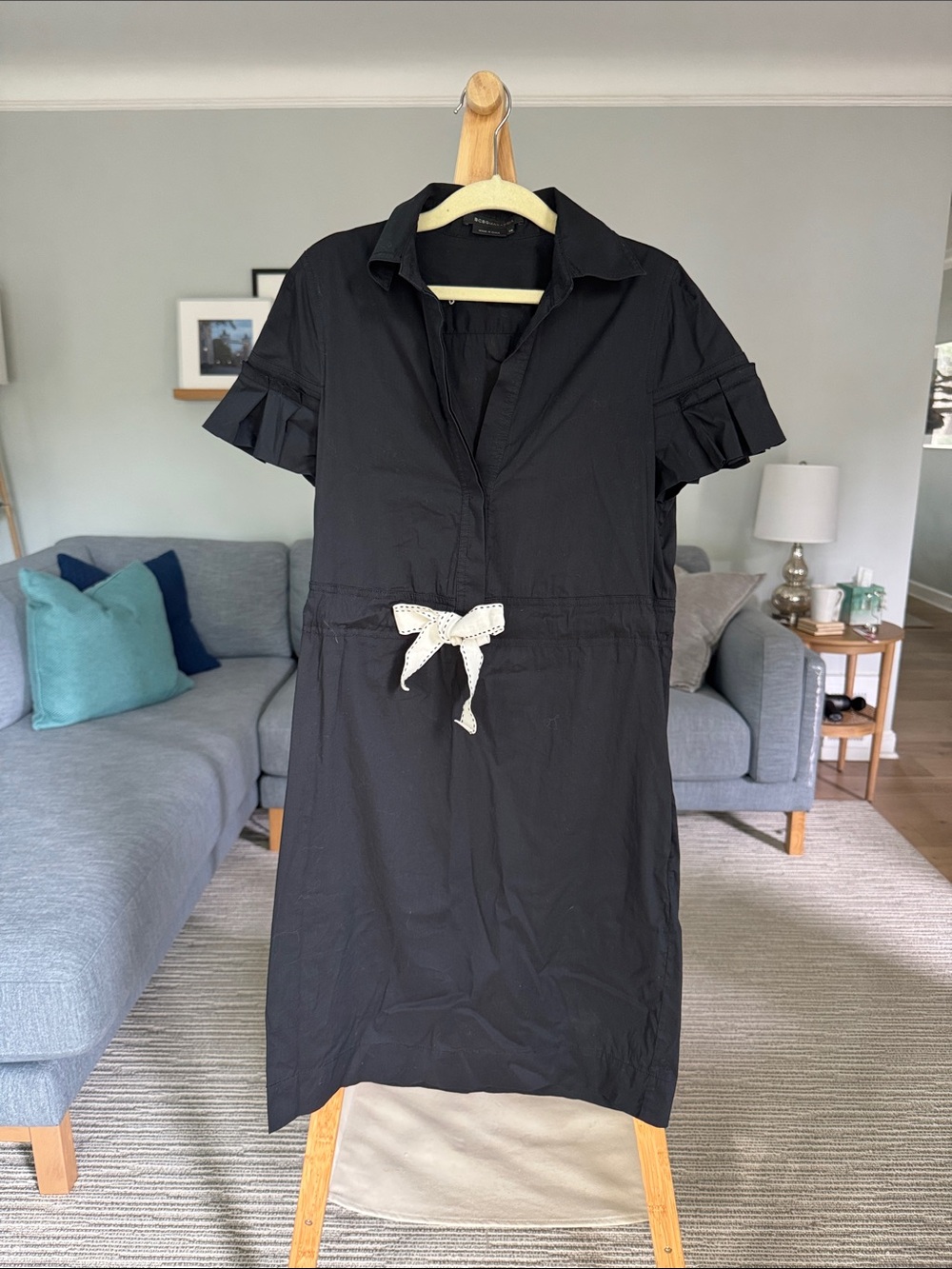 BCBGMaxAzria Black Short-Sleeve Shirt Dress with White Bow Tie